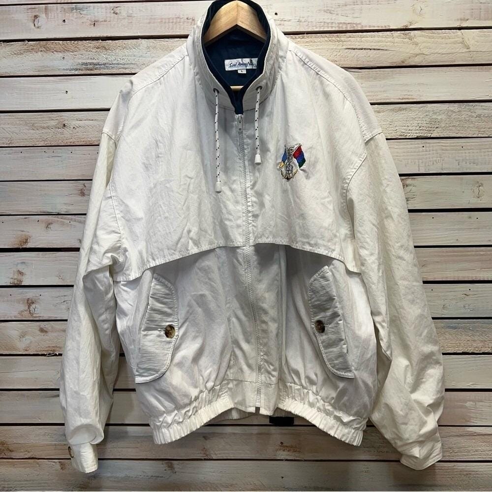 Vintage White Nautical Windbreaker Jacket Coastal Prep Sailing 80s L